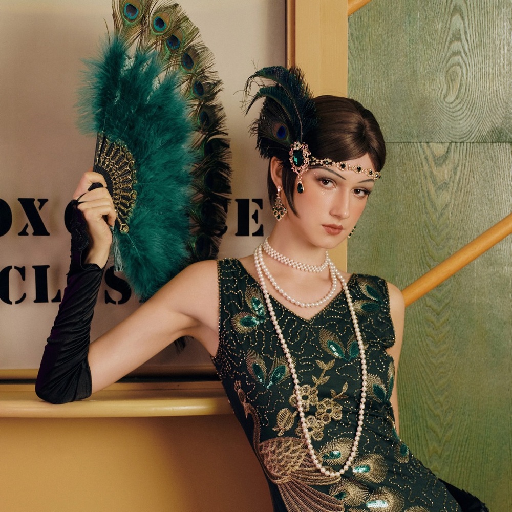 Black Beaded Dress with Peacock Design - Picture 4 of 9